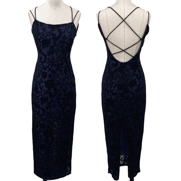 Vintage Dresses & Skirts - Vintage 90s Velvet Floral Burnout Strappy Open Back Gown Maxi Dress Purple Black